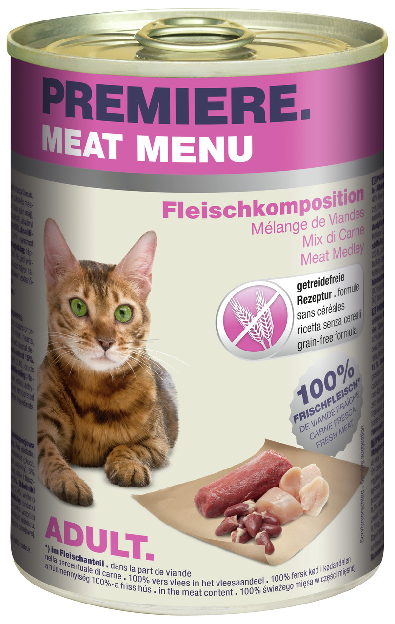 PREMIERE Meat Menu, getreidefreies Katzenfutter für Adult-Katzen, 100 % Frischfleisch (Rind, Huhn, Innereien), 400 g.