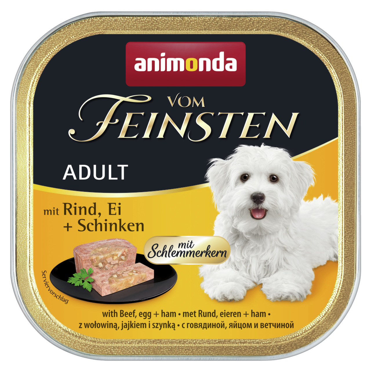 Animonda Vom Feinsten Adult, Hundefutter für ausgewachsene Hunde, Rind-Ei-Schinken mit Schlemmerkern, 150 g.