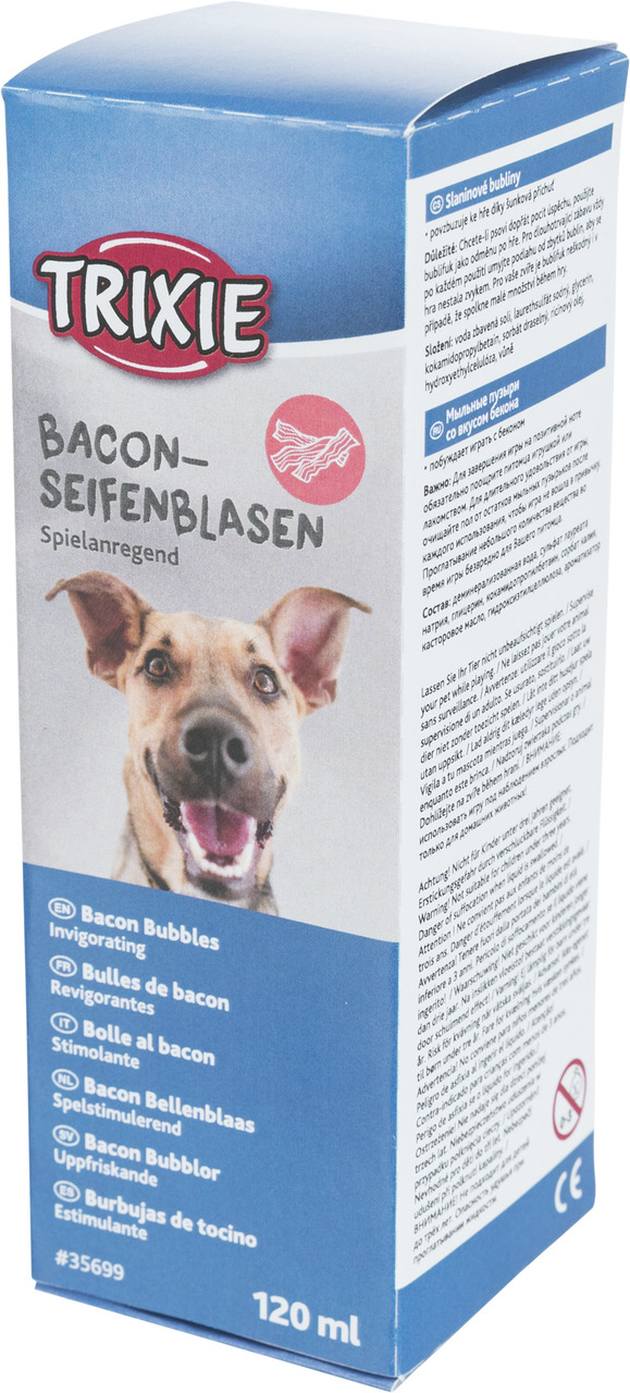 TRIXIE Bacon-Seifenblasen, 120 ml, für Hunde: Spielspaß mit verlockendem Bacon-Duft, ideal für Hundehalter.