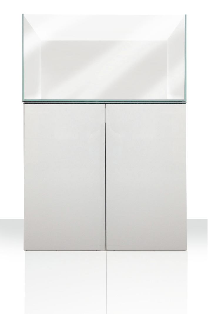 Amtra-Aquarium-Set: Rechteckiges Glasaquarium + weißer Unterschrank (2 Türen), ideal für Aquaristik-Fans, stilvoll & funktional.