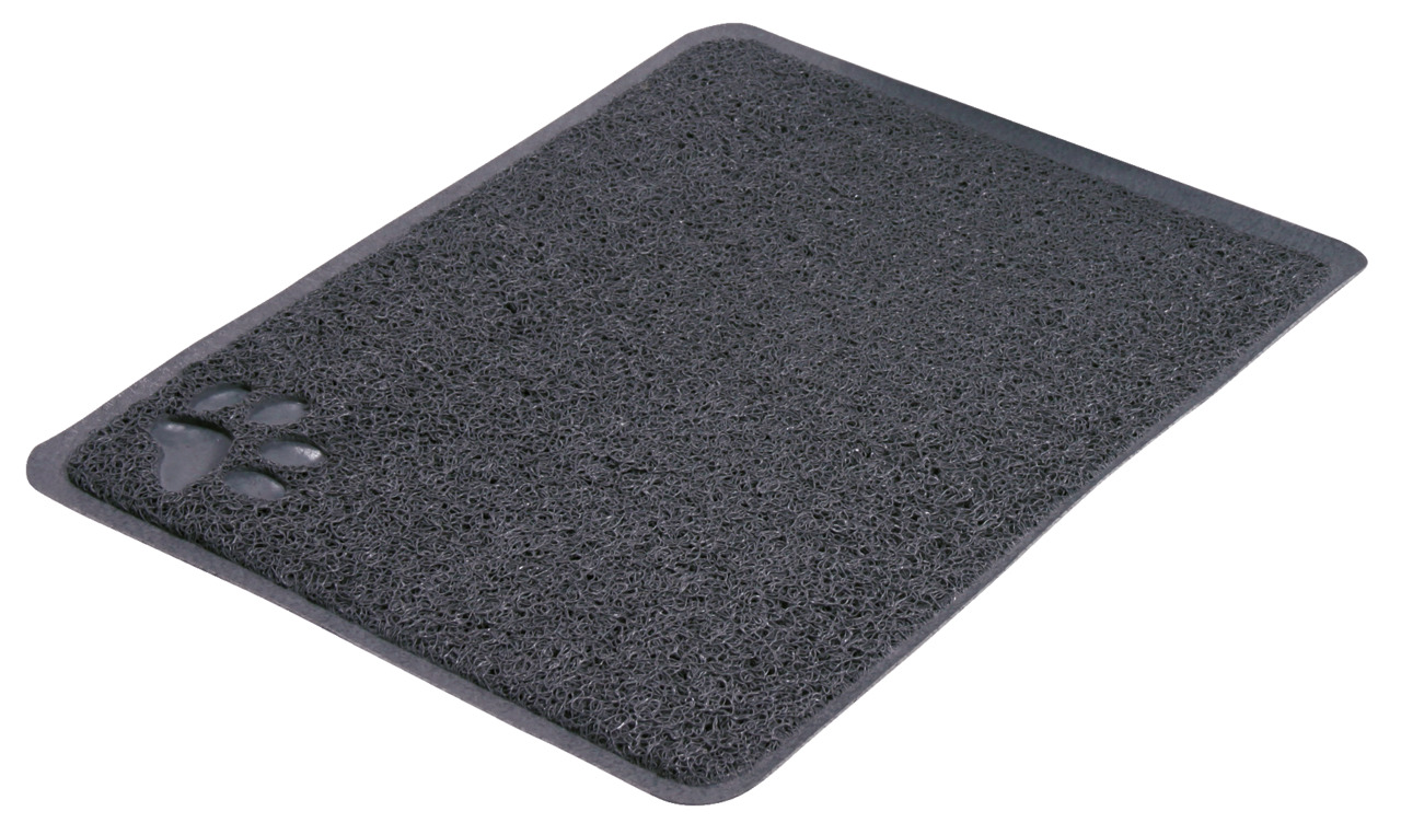 Schwarze Napfunterlage von TRIXIE mit rutschfester Oberfläche und dekorativem Pfotenmotiv in der Ecke. Geeignet für Haustiere wie Hunde und Katzen, um Futterreste und Wasser aufzufangen. Maße und Material sind auf dem Bild nicht erkennbar. Ideal für saube
