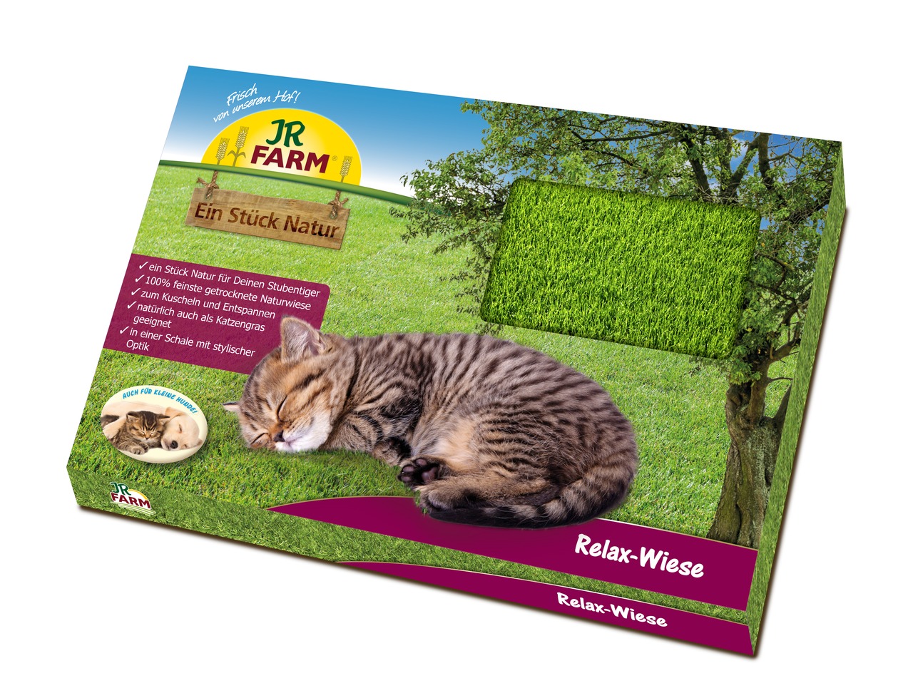 Das Bild zeigt die Verpackung des Produkts „JR FARM Relax-Wiese“, einer natürlichen Ergänzung für Katzen. Die Zielgruppe sind Hauskatzen, und das Produkt besteht aus 100 % getrockneter Naturwiese, die zum Kuscheln und Entspannen geeignet ist. Auf der Verp