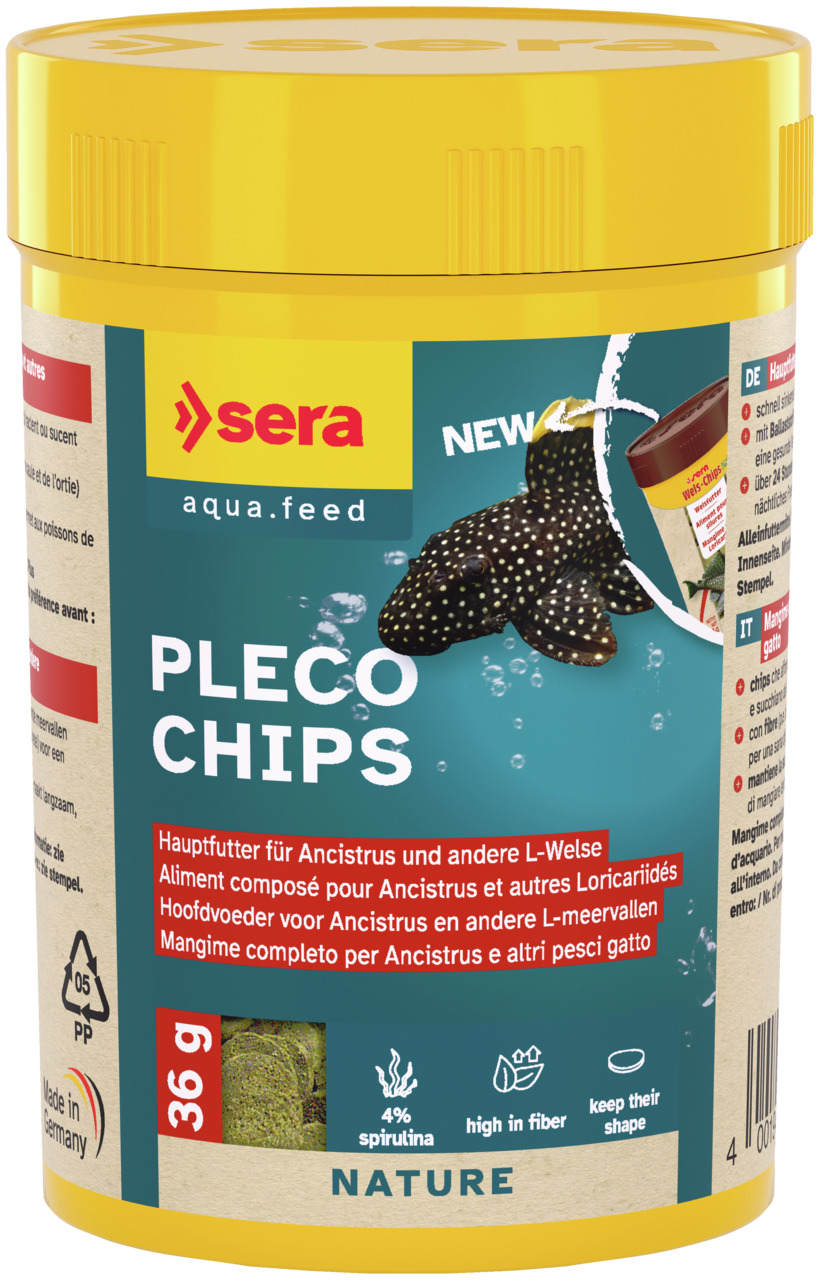 Sera Pleco Chips, 36 g, Hauptfutter für Ancistrus & L-Welse, mit 4 % Spirulina, ballaststoffreich, formstabil, für Bodenfresser.
