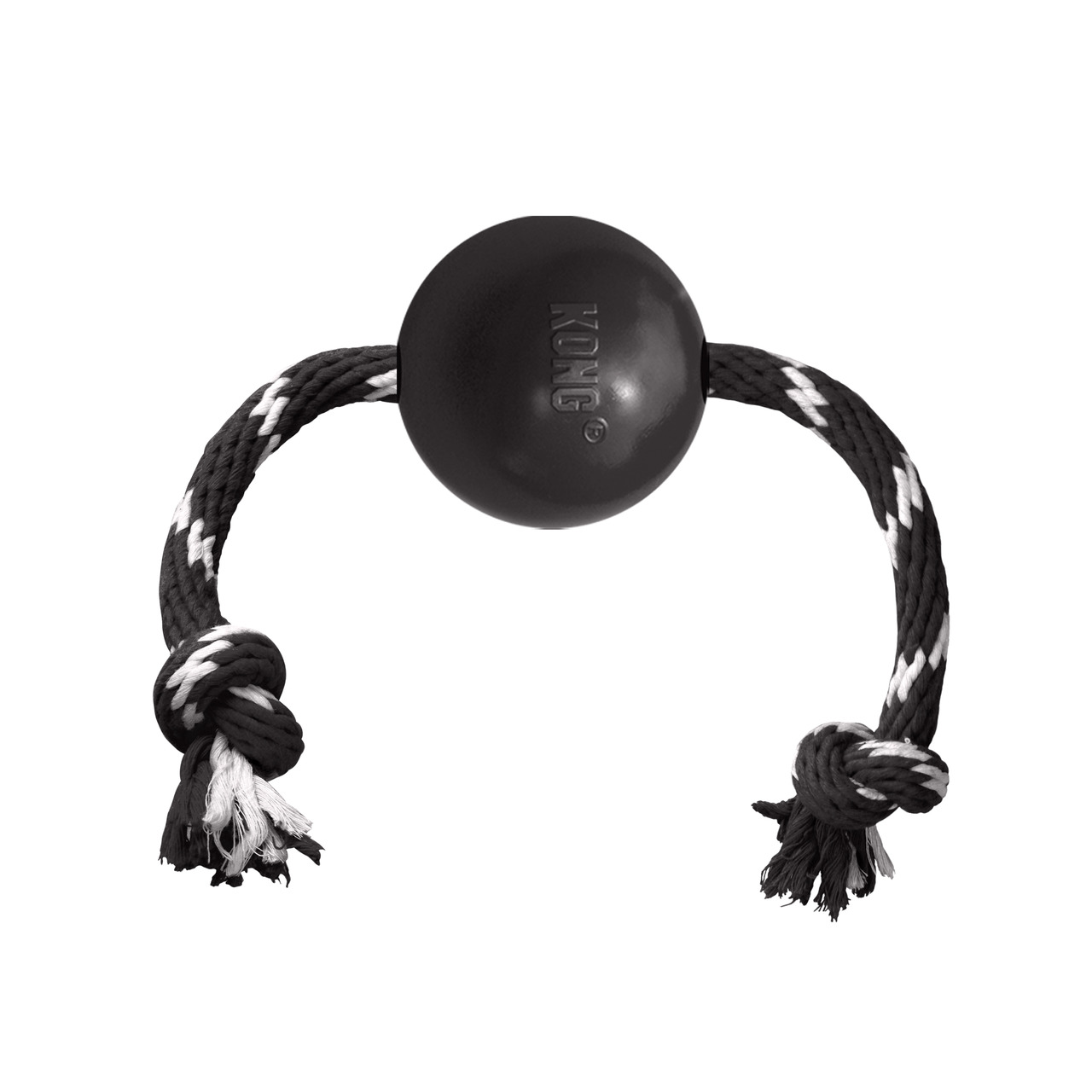 KONG Extreme Ball m. Seil, robustes Hundespielzeug f. starke Kauer, Naturkautschuk, Schwarz-Weiß, f. Hunde aller Größen.