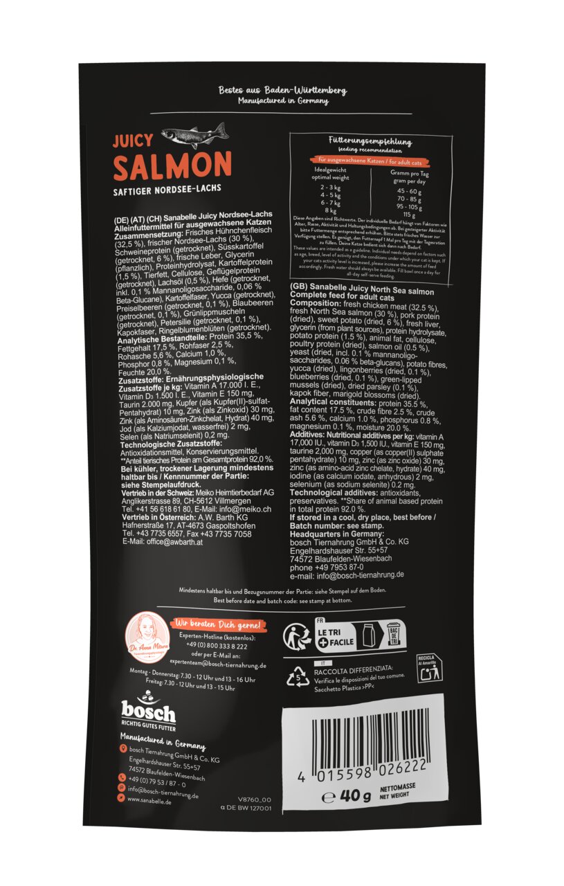 Bosch Sanabelle Juicy Nordsee-Lachs: Alleinfutter f. erw. Katzen, saftiger Nordsee-Lachs, 400 g, hohe Qualität, Made in Germany.