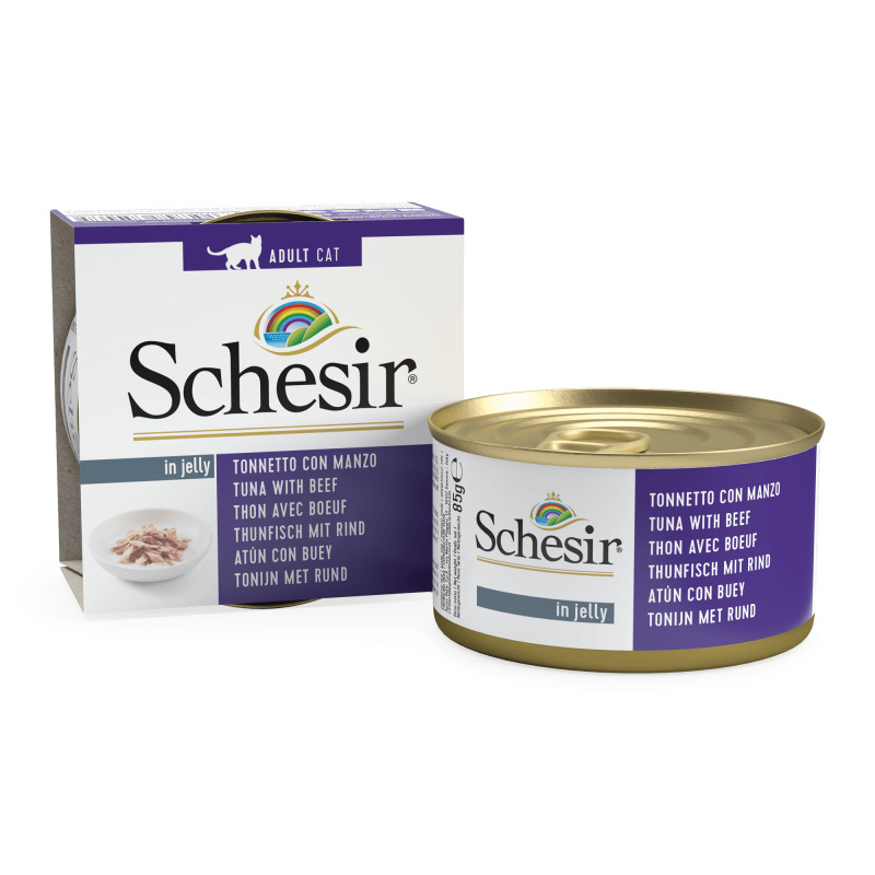 Sparpaket 24 x 85 g Schesir Adult Thunfisch mit Rind in Jelly Katzen Nassfutter