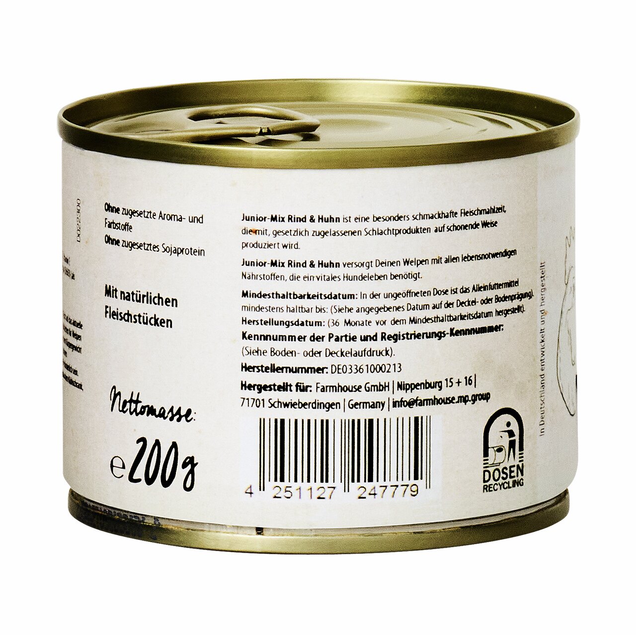 Eine goldene Dose mit der Aufschrift „Junior-Mix Rind & Huhn“ von der Marke Lottis Häppchen. Das Produkt ist ein hochwertiges Hundefutter für Welpen, hergestellt aus natürlichen Fleischstücken ohne zugesetzte Aroma- und Farbstoffe sowie ohne Sojaprotein. 