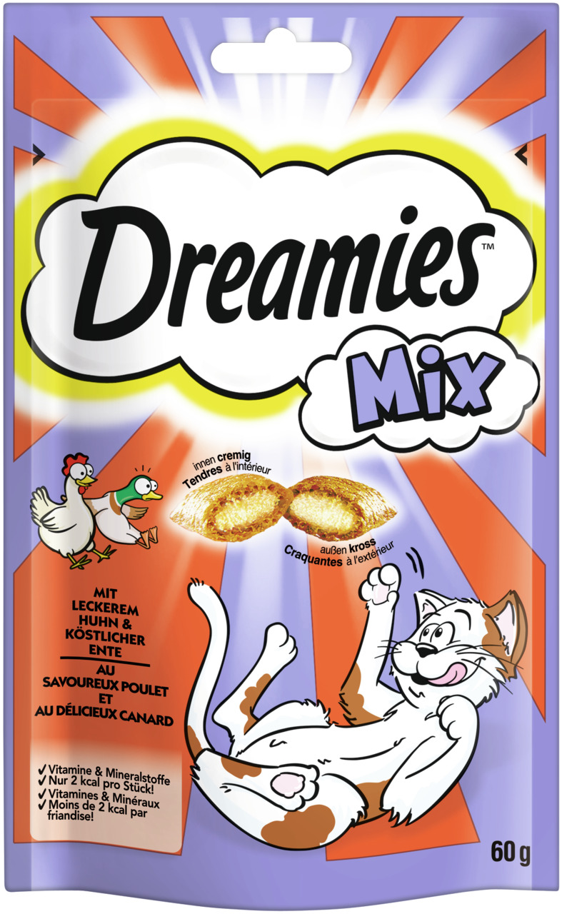 Dreamies Katzensnack Huhn & Ente, 60 g: knusprig außen, cremig innen, mit Vitaminen, Mineralstoffen & nur 2 kcal-Stück.