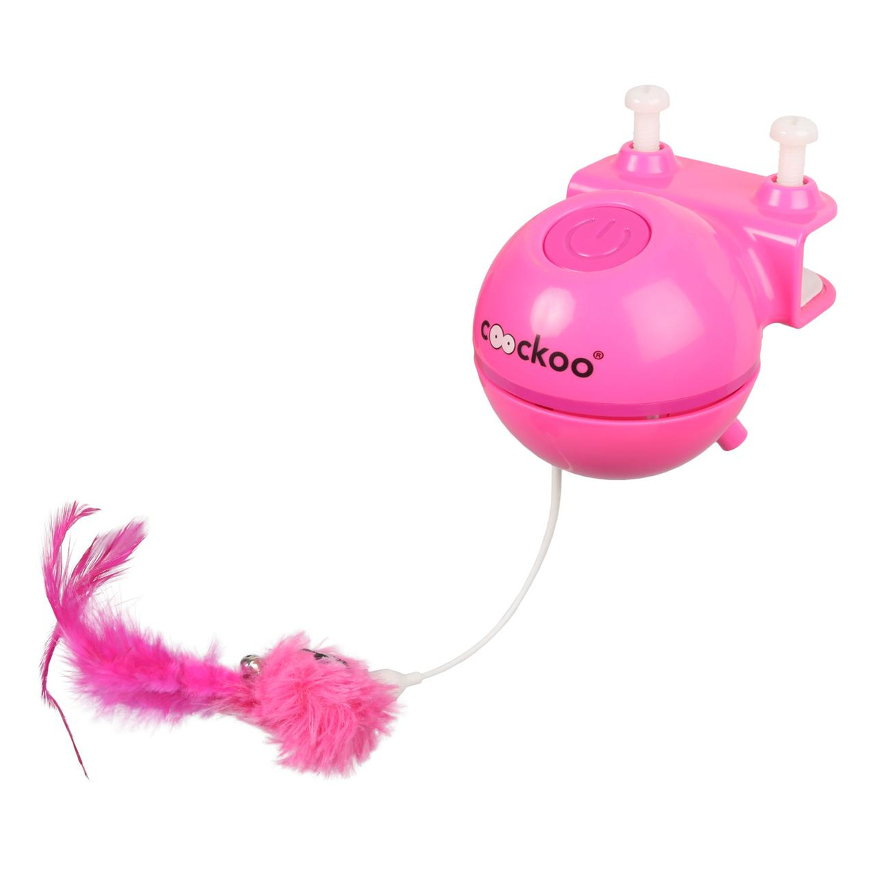 Das Bild zeigt das interaktive Katzenspielzeug „COOCKOO Hide & Seek“ in leuchtendem Pink. Es ist für Katzen aller Altersgruppen geeignet und verfügt über eine Feder mit pinkfarbenem Plüschanhänger, der an einer Schnur befestigt ist. Das Spielzeug fördert 