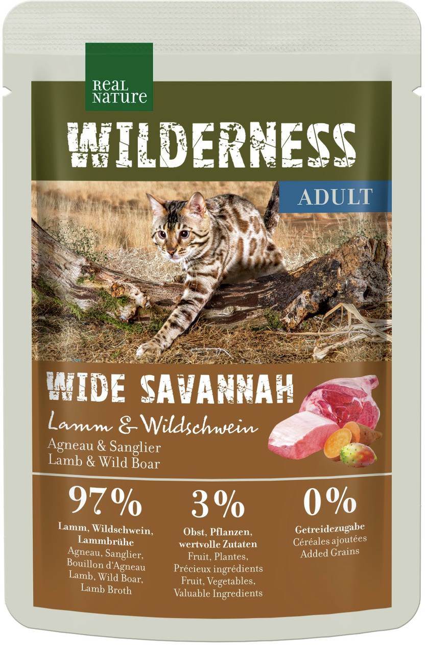 REAL NATURE WILDERNESS Wide Savannah, Katzenfutter für erw. Katzen, Lamm & Wildschwein, 97 % tier. Zutaten, 0 % Getreide, 85 g.