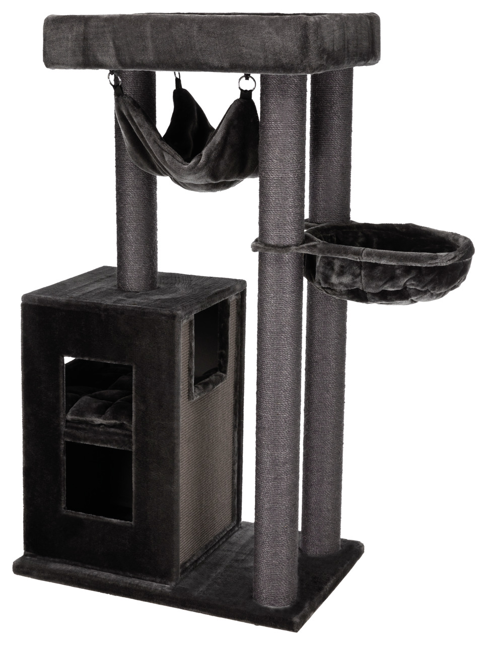 Das Bild zeigt den TRIXIE Kratzbaum „Lucano“ in dunklem Grau, geeignet für Katzen. Der Kratzbaum bietet eine Höhle, eine Hängematte, eine Liegeschale und mehrere mit Sisal umwickelte Säulen zum Kratzen. Ideal für Katzen zum Spielen, Klettern und Ausruhen.
