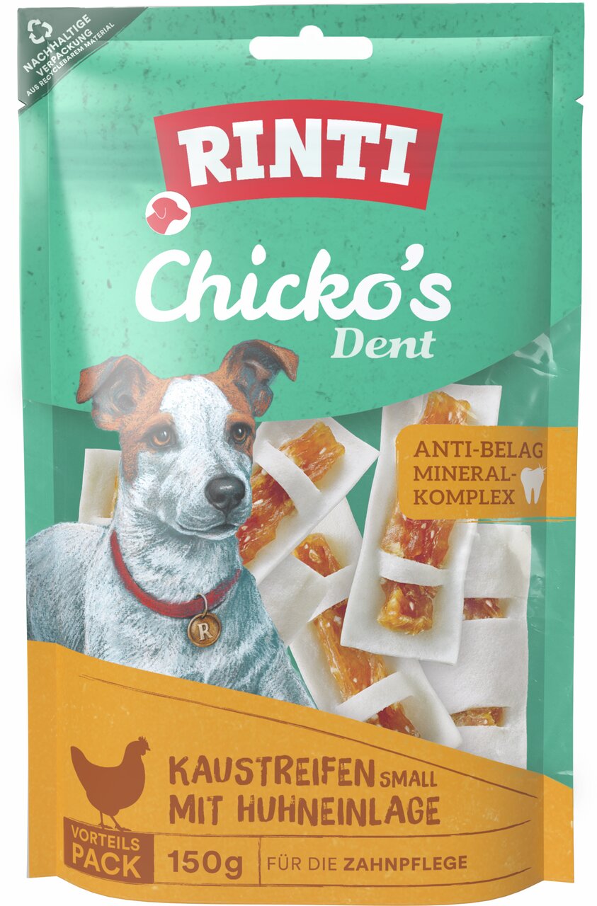 RINTI Chicko's Dent, Kaustreifen f. Hunde, Huhn, Zahnpflege, Anti-Belag-Komplex, 150 g, Vorteilspack, nachhaltige Materialien.