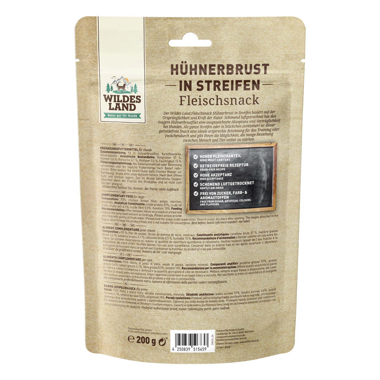 Wildes Land Hühnerbrust in Streifen, Fleischsnack für Hunde, 200 g, hoher Fleischanteil, getreidefrei, luftgetrocknet, ohne Zusätze.