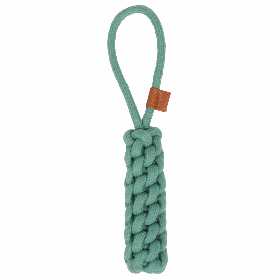 Das Bild zeigt das D&D Hundespielzeug "Rope Tugger" in der Farbe Mintgrün. Es handelt sich um ein robustes, geflochtenes Seilspielzeug mit einer Schlaufe, ideal für Hunde aller Größen. Das Spielzeug fördert die Zahnpflege und bietet interaktiven Spielspaß