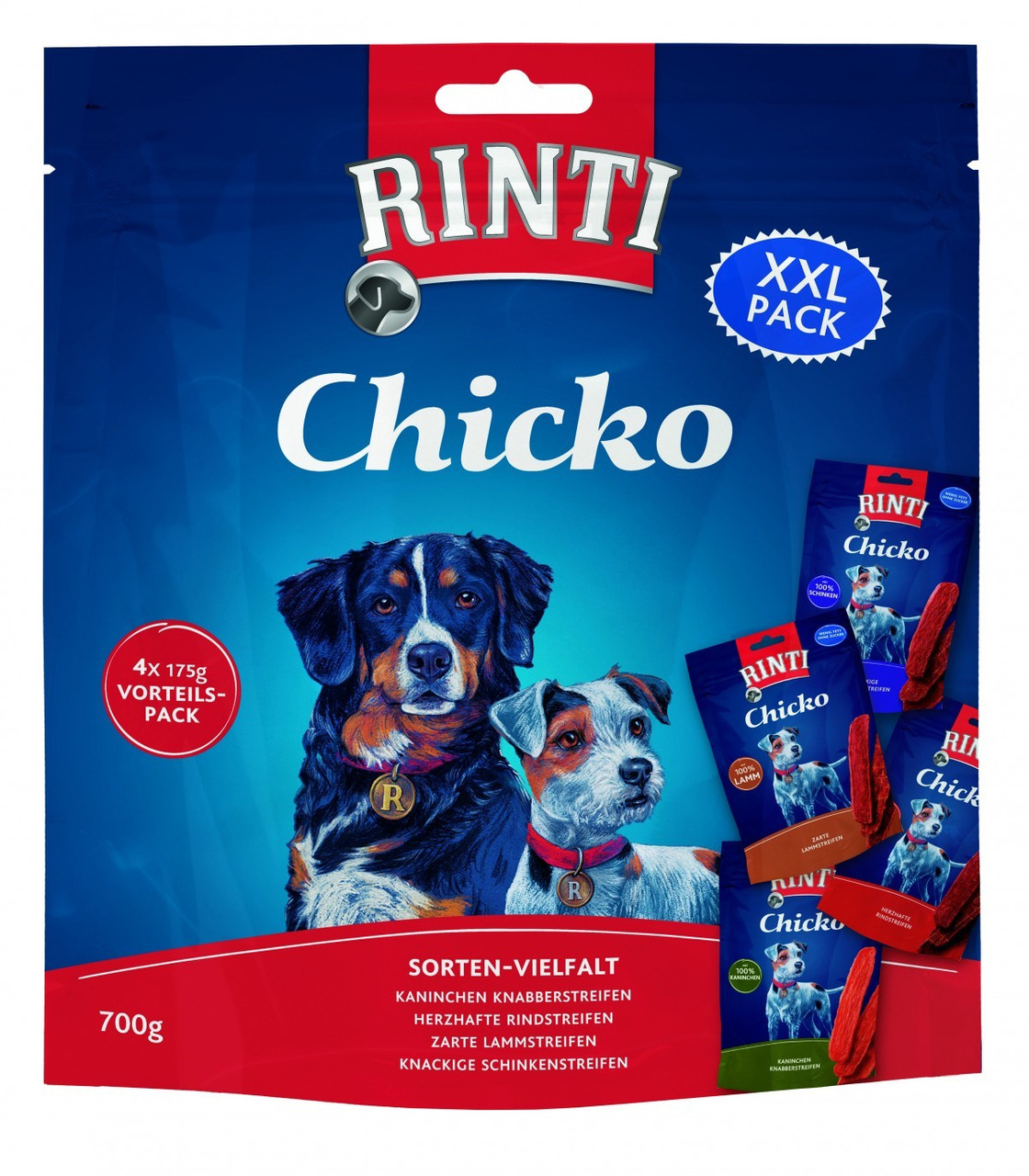 RINTI Chicko XXL Pack, 700 g (4x175 g), für Hunde, Sorten: Kaninchen, Rind, Lamm, Schinken, 100 % frisches Fleisch, Sorten-Vielfalt.