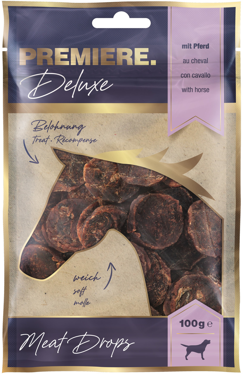 PREMIERE Deluxe Meat Drops, Hundesnacks mit Pferd, 100 g, weiche Belohnung, hohe Qualität & Geschmack, für Hunde geeignet.
