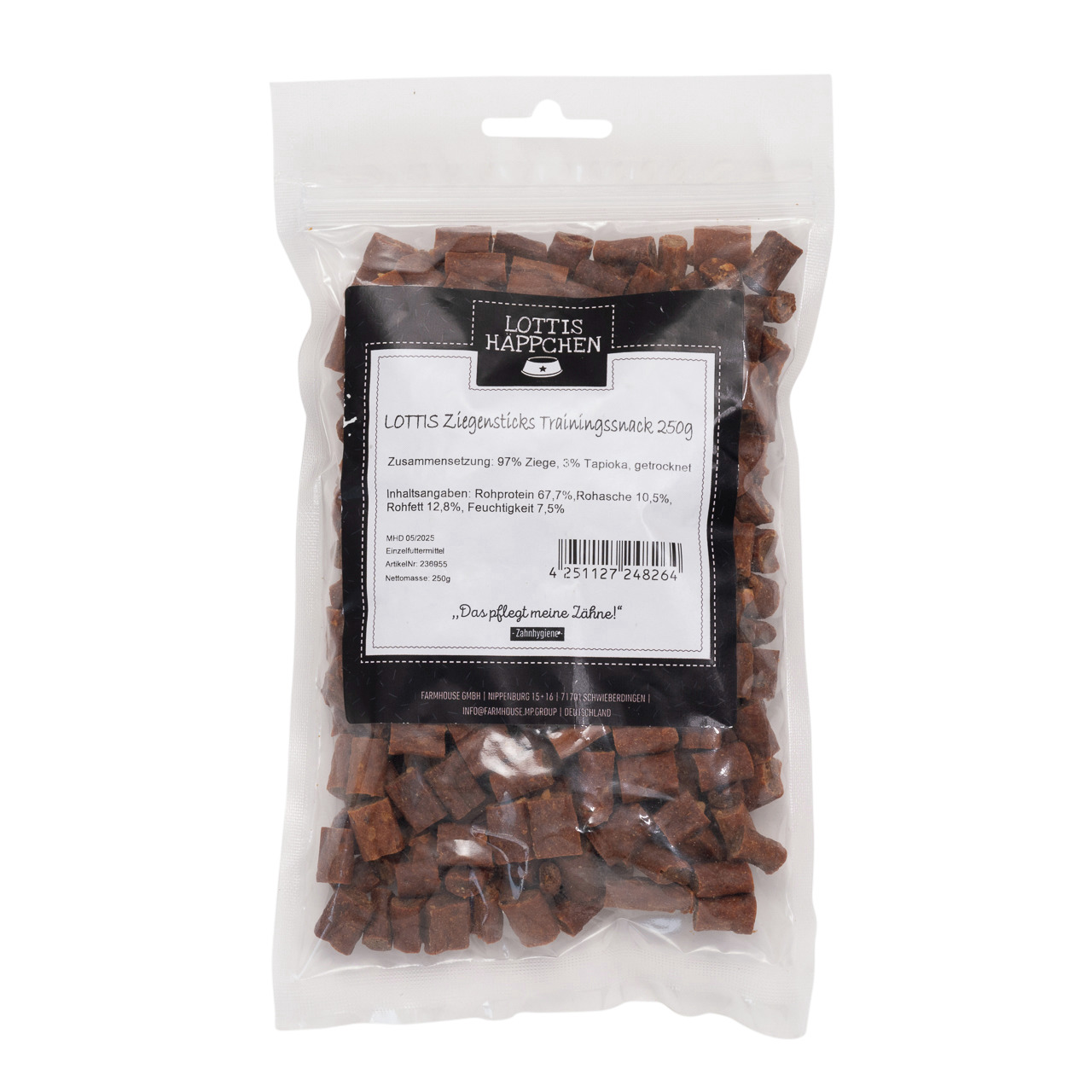 Das Bild zeigt eine transparente Verpackung mit der Aufschrift „LOTTIS HÄPPCHEN“. Enthalten sind 250 g Ziegensticks Trainingssnack für Hunde. Die Zusammensetzung besteht aus 97 % Ziege und 3 % Tapioka. Die Verpackung hebt hervor: „Das pflegt meine Zähne!“