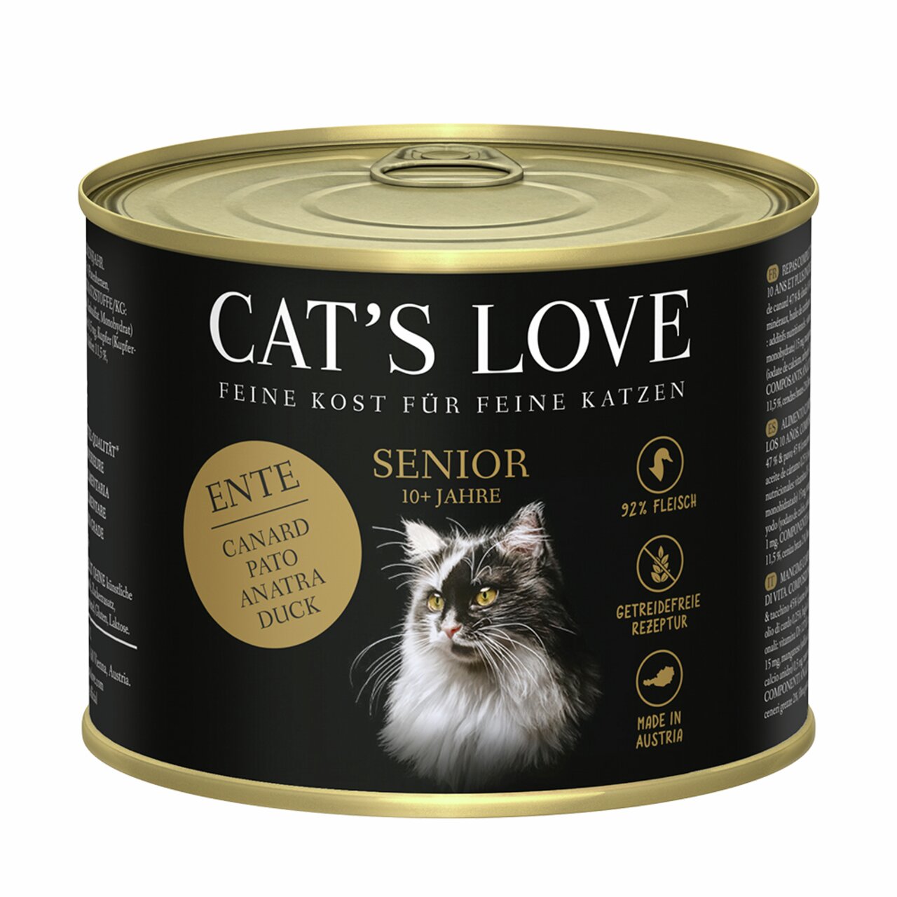 Cat's Love Senior Katzenfutter für Katzen ab 10 Jahren, Ente, getreidefrei, 92% Fleisch, 200g Dose, hergestellt in Österreich.