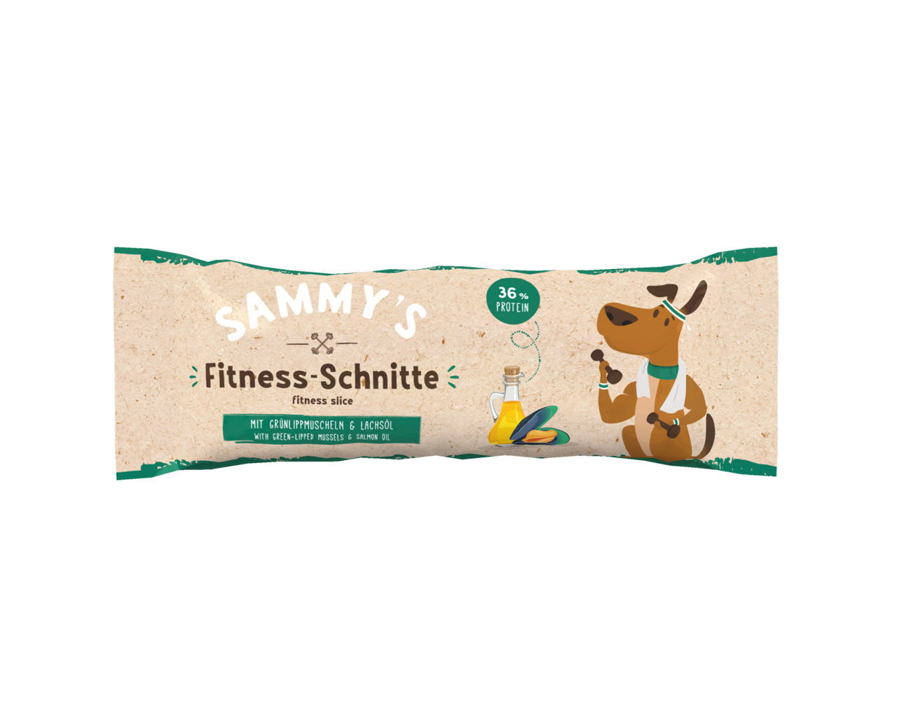 SAMMY's Fitness-Schnitte Snack für aktive Hunde, Grünlippmuschel & Lachsöl, 36 % Protein, sportlicher Hund mit Hantel.