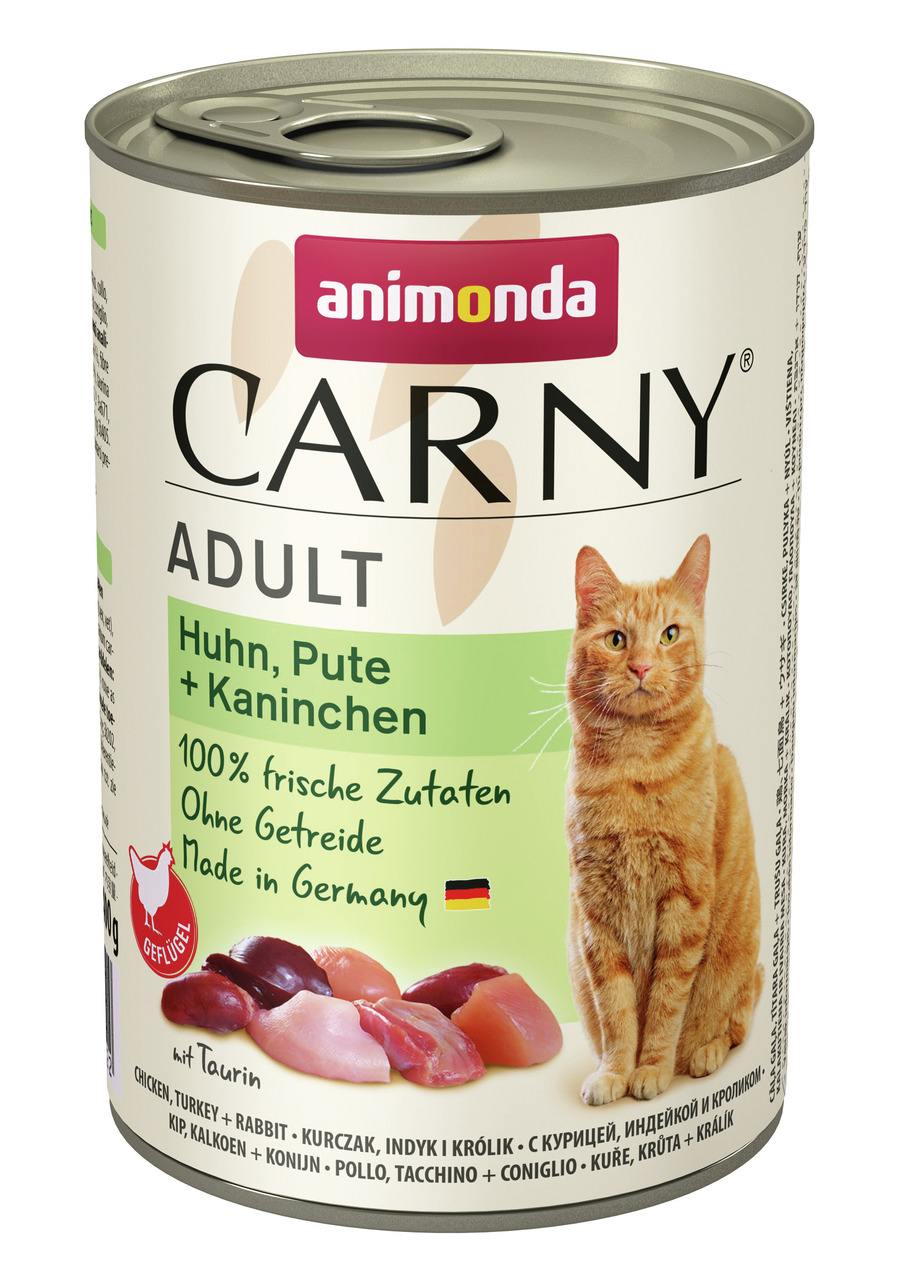 Animonda Carny Adult Katzenfutter, Huhn-Pute-Kaninchen, für ausgewachsene Katzen, 400 g, 100 % frisch, ohne Getreide, Made in Germany.