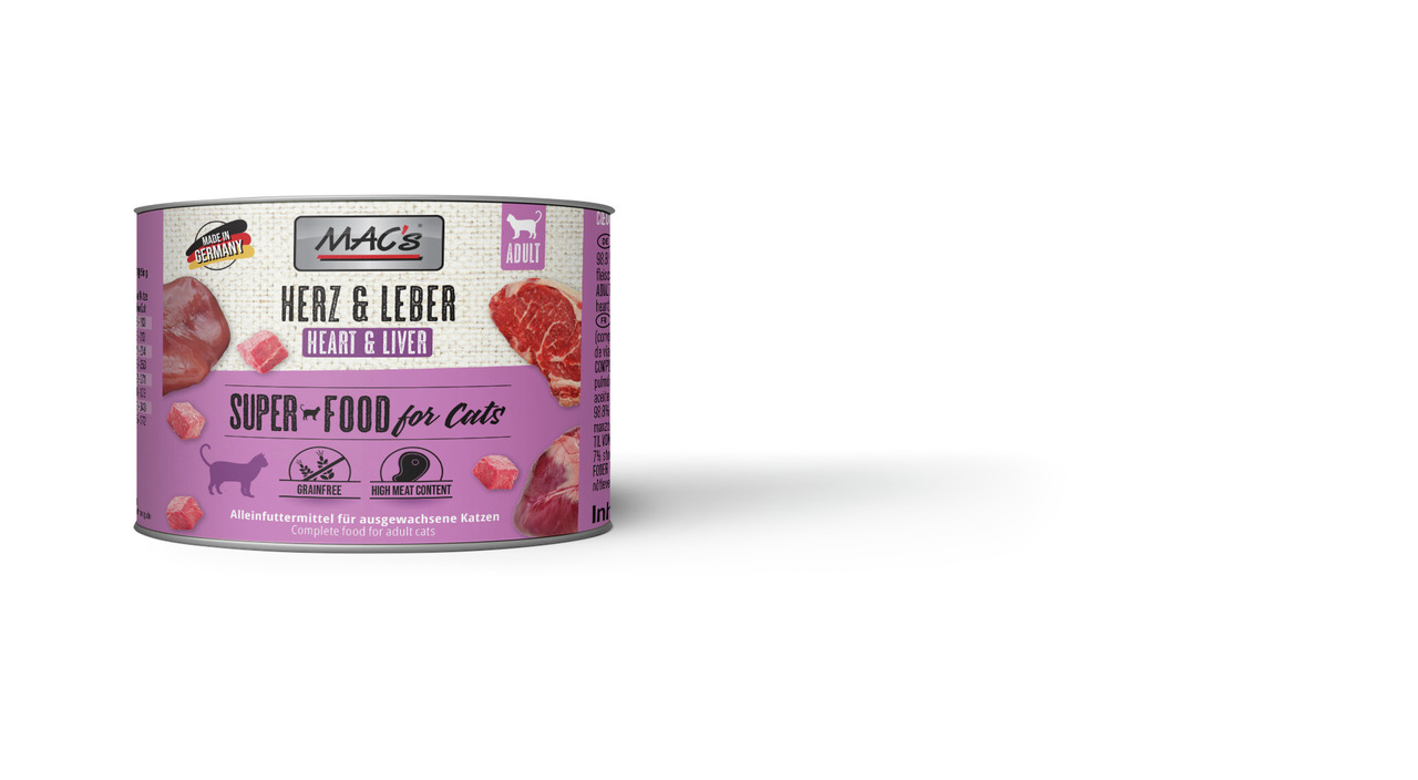 MAC's Herz & Leber, Katzenfutter für ausgewachsene Katzen, Geschmack Herz & Leber, getreidefrei, 200 g, hoher Fleischanteil, Made in DE.