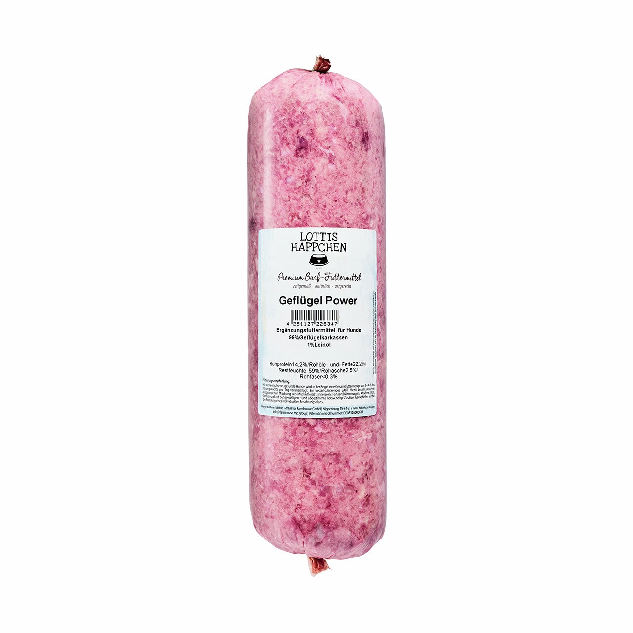 Lottis Häppchen „Geflügel Power“ für Hunde, 95 % Geflügelkarkassen, 5 % Rindfleisch, 1 kg, artgerechte Ernährung, in Kunststoffhülle.
