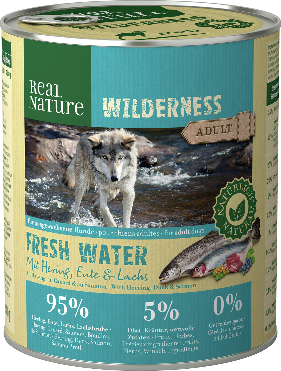 Das Bild zeigt eine Dose Hundefutter der Marke REAL NATURE aus der Produktlinie WILDERNESS. Es handelt sich um die Sorte "Fresh Water" mit Hering, Ente und Lachs, geeignet für ausgewachsene Hunde. Die Dose enthält 300 g und wirbt mit 95 % tierischen Zutat