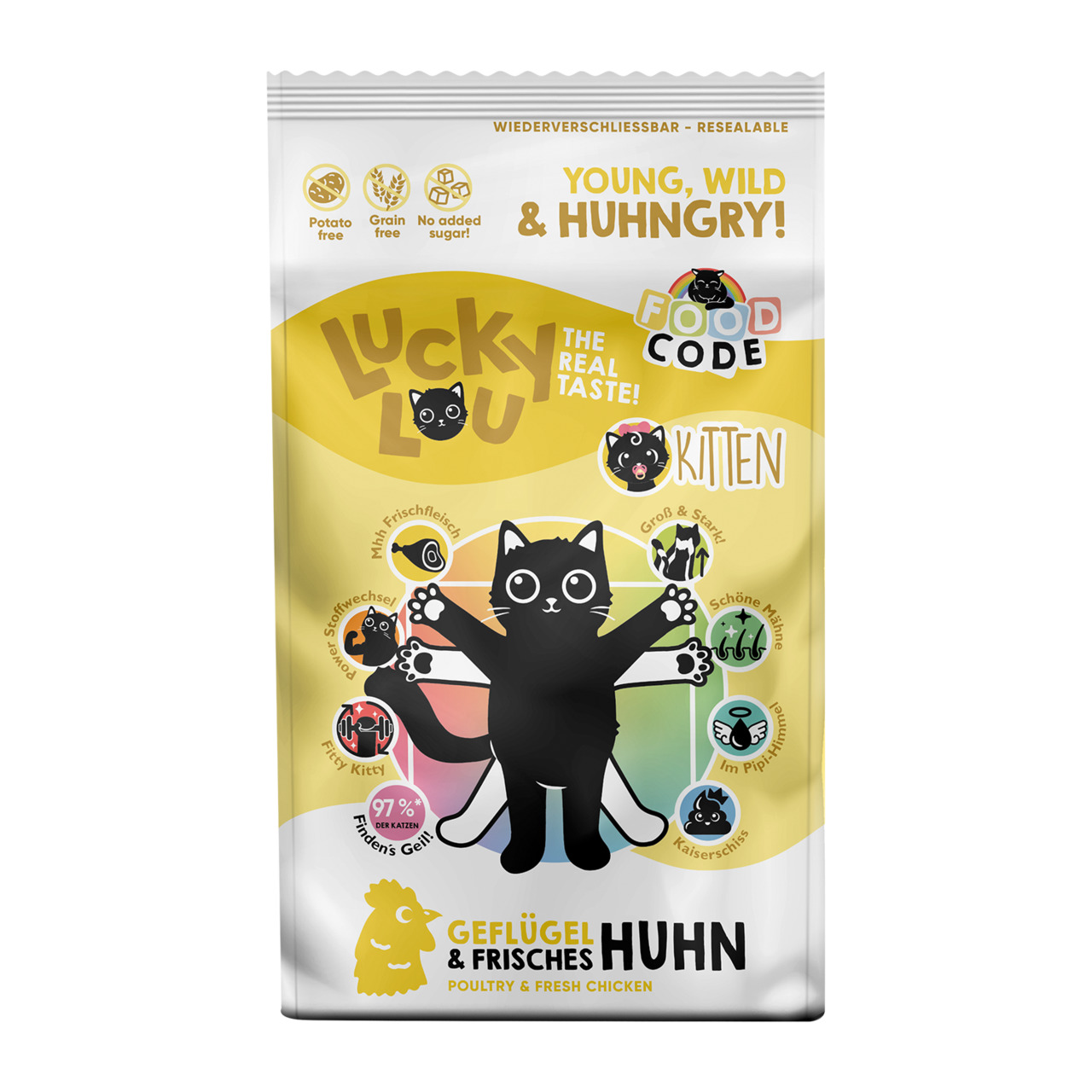 Das Bild zeigt eine Verpackung des Katzenfutters „Lucky Lou – Geflügel & Frisches Huhn“ für Kätzchen (Kitten). Die Marke „Lucky Lou“ wirbt mit Slogans wie „Young, Wild & Hungry!“ und „The Real Taste!“. Das Produkt ist getreidefrei, ohne Kartoffeln und ohn