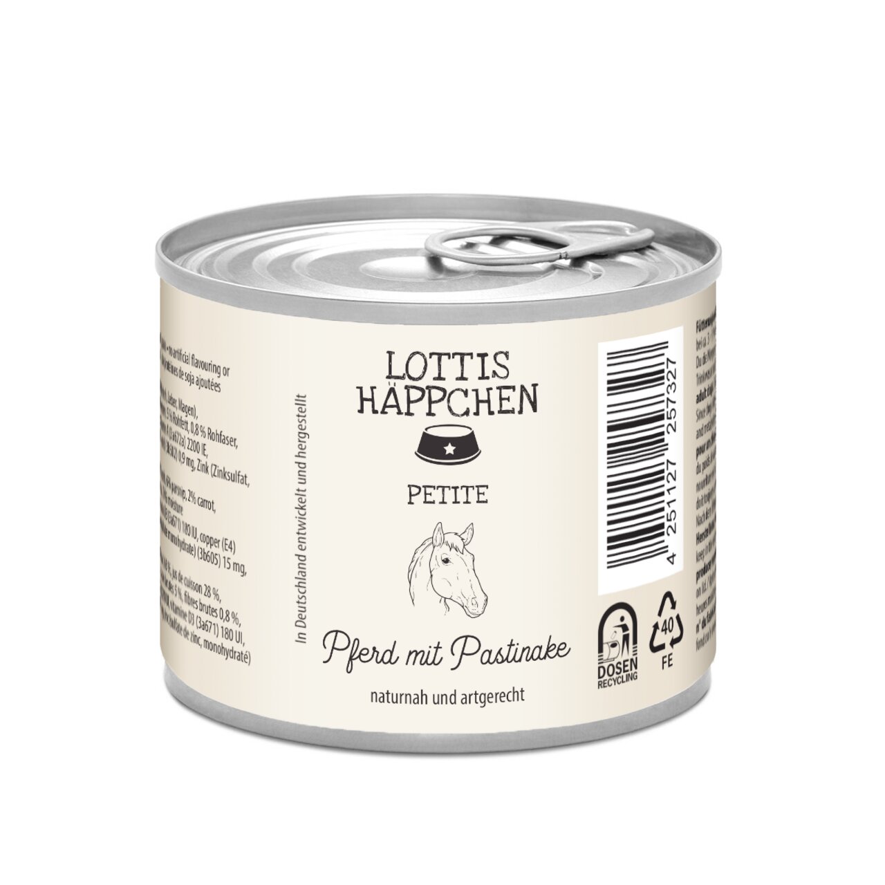 Hunde-Nassfutter Lottis Häppchen Petite, Geschmacksrichtung Pferd mit Pastinake, 400 g, naturnah und artgerecht hergestellt.