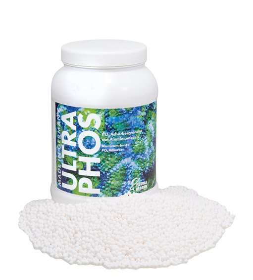 FAUNA MARIN UltraPhos, Adsorbergranulat f. Meerwasseraquarien, entfernt Phosphate, Zielgruppe: Aquarienbesitzer, weiße Dose+Granulat.