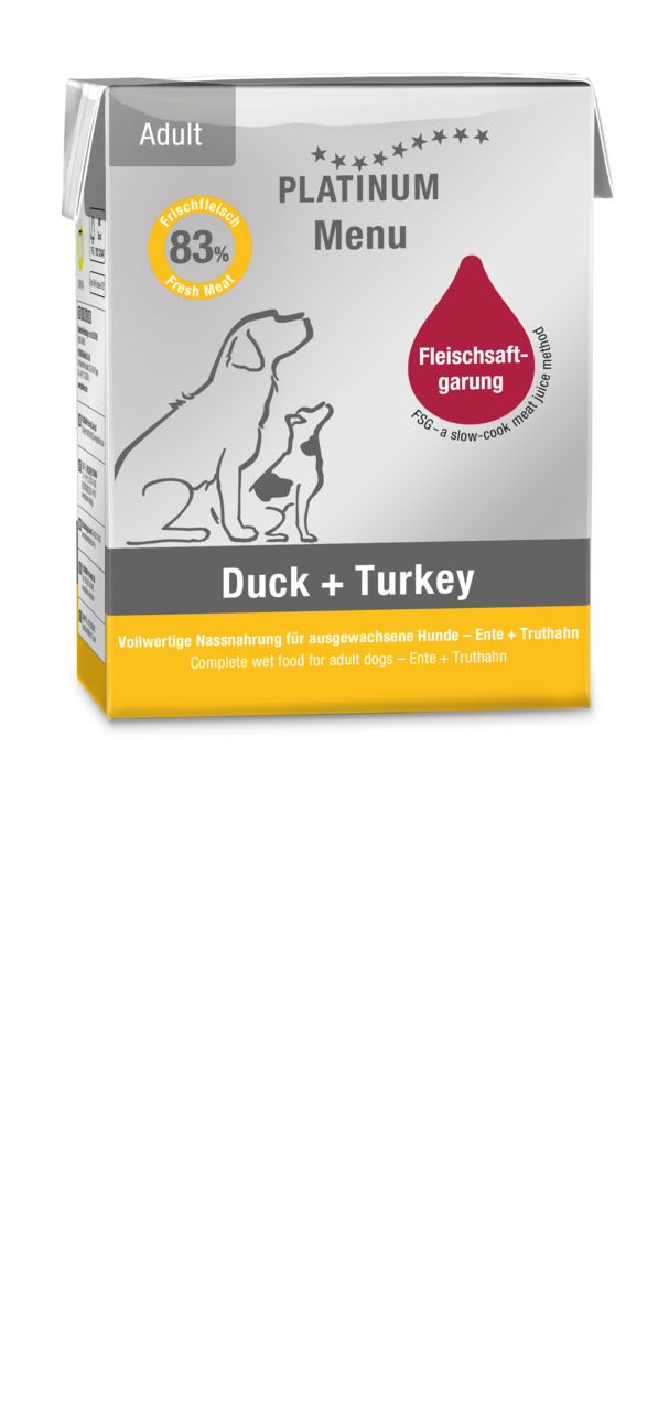 PLATINUM Menu Duck+Turkey, Hundefutter f. ausgew. Hunde, Geschm.: Ente+Truthahn, 83 % Frischfleisch, Fleischsaftgarung.