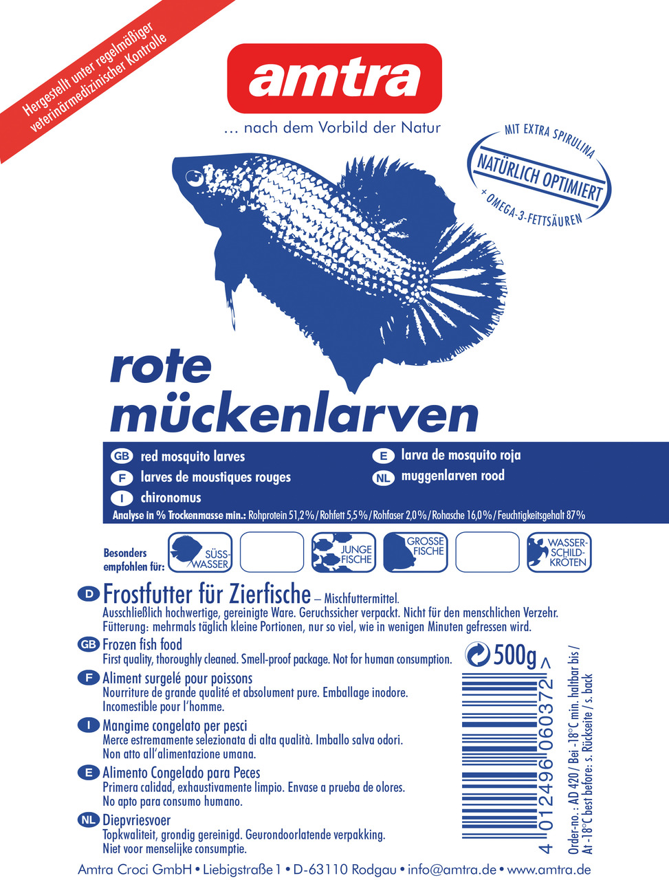amtra rote Mückenlarven, Frostfutter für Süßwasserfische, Jungfische, große Fische & Schildkröten, 500 g, mit Omega-3 & Spirulina.
