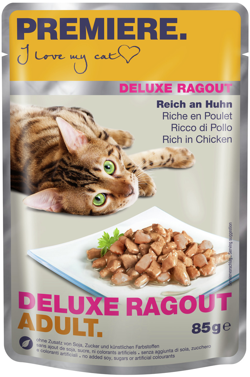 PREMIERE Deluxe Ragout Adult, Huhn, für ausgewachsene Katzen, 85 g, ohne Soja, Zucker & künstl. Farbstoffe.