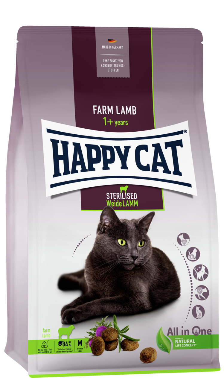 Sparpaket HAPPY CAT Supreme Sterilised Adult Weide-Lamm 2 x 4 kg Katzentrockenfutter