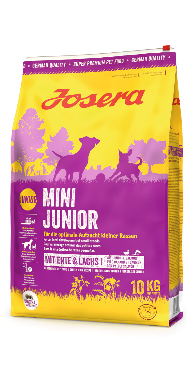 Josera Mini Junior, 10 kg, für kleine Hunde, Ente & Lachs, glutenfrei, fördert optimale Aufzucht junger Hunde.