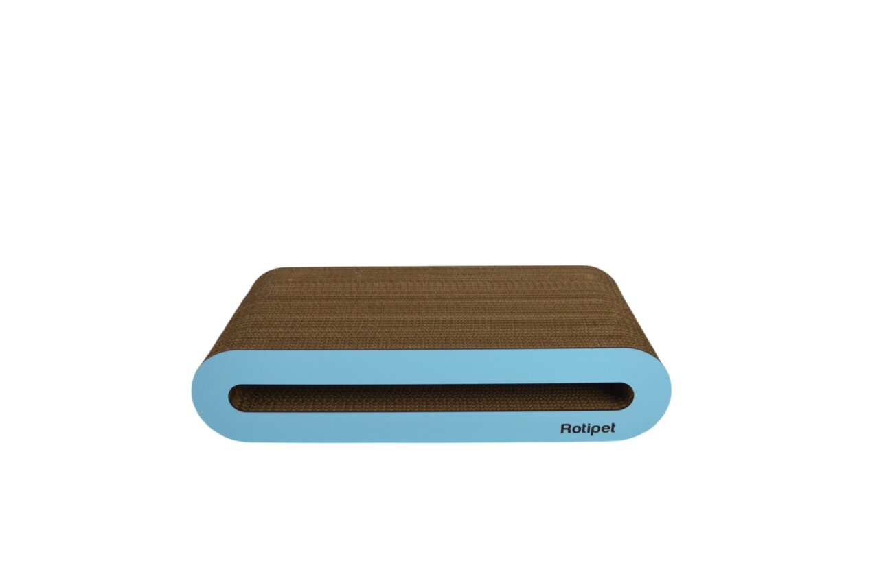 Rotipet Kratzblock für Katzen, Wellkarton, blaue Umrandung, Krallenpflege & Spiel, robust & umweltfreundlich.