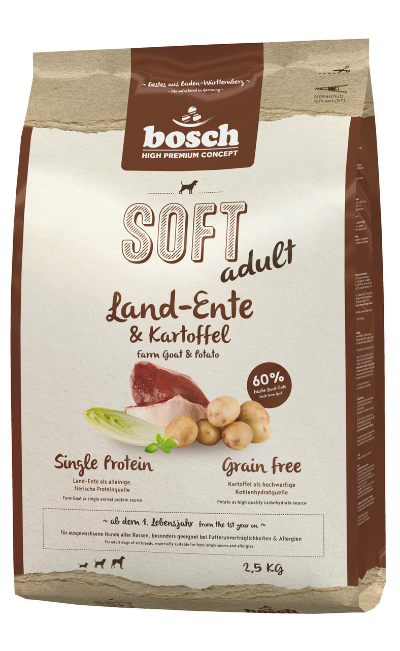 Das Bild zeigt eine Packung Hundefutter der Marke bosch High Premium Concept mit der Sorte "Soft Adult Land-Ente & Kartoffel". Es handelt sich um ein getreidefreies Alleinfuttermittel für ausgewachsene Hunde aller Rassen. Die Geschmacksrichtung ist Land-E