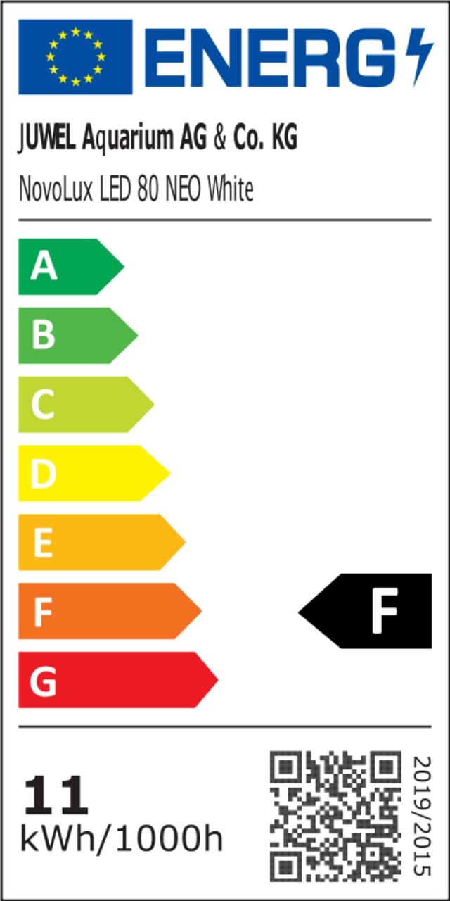EU-Energielabel für JUWEL NovoLux LED 80 NEO White, Energieeffizienzklasse F, 11 kWh-1000h, mit QR-Code für Produktdetails.