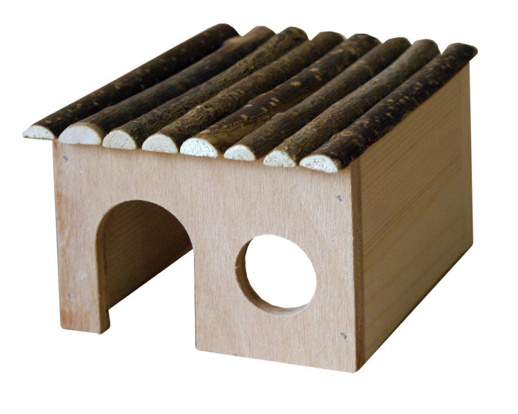 Holzhaus Ollesch für Nager (Hamster-Mäuse), naturbelassen, Dach aus Ästen, 2 Eingänge, Fenster, ideal für Spiel & Rückzug.