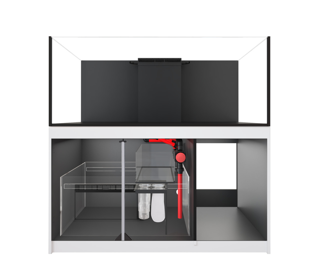 Das Bild zeigt ein modernes Aquarium-System der Marke Red Sea, Modell Reefer 3XL 900, geeignet für erfahrene Aquaristik-Enthusiasten. Es umfasst ein großes Glasaquarium mit schwarzem Hintergrund und ein integriertes Unterschrank-Filtersystem. Sichtbar sin
