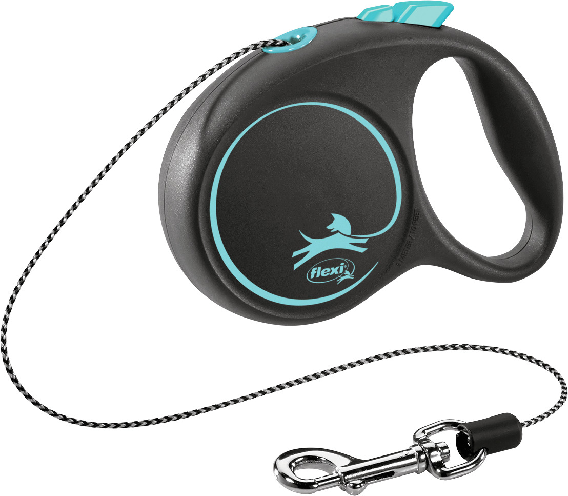 Flexi New Classic Seil-Rollleine, Schwarz-Türkis, für Hunde, max. Bewegungsfreiheit, ergonom. Griff, verchromter Karabiner, ideal spazieren.
