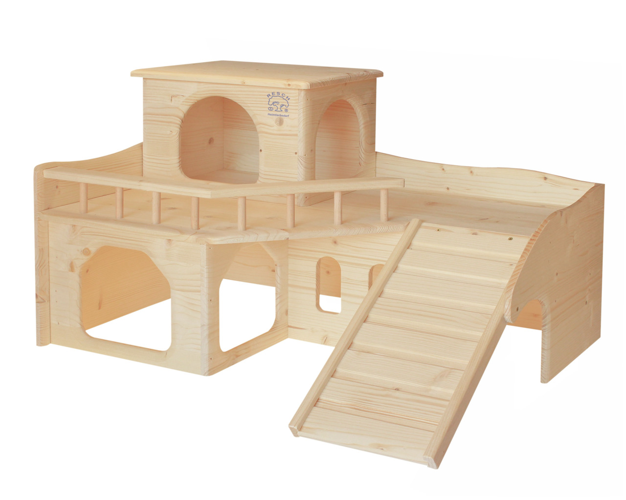 Resch Kleintierhaus: Holzhaus für Kaninchen-Meerschweinchen, naturbelassen, mit Ebenen, Rampen, Verstecken. Fördert Bewegung & Rückzug.