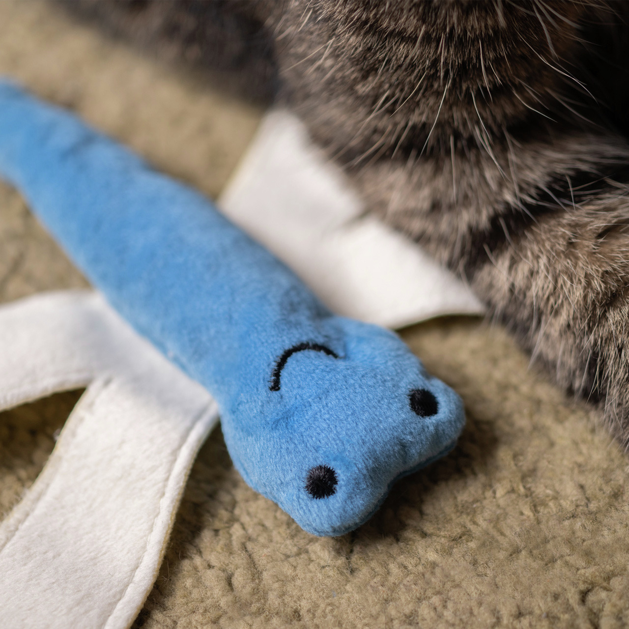 Das Bild zeigt ein blaues Katzenspielzeug in Form eines länglichen Stofftiers mit aufgesticktem Gesicht, das auf einem beigen Teppich liegt. Daneben sind die Pfoten einer getigerten Katze zu sehen. Das Spielzeug gehört zur Marke Allpets und ist für Katzen