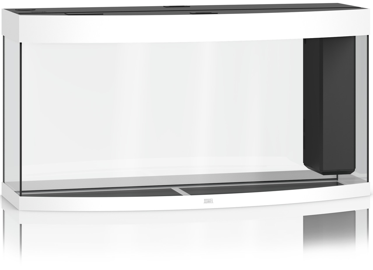 Das Bild zeigt das JUWEL Vision 450 LED Aquarium in Weiß. Dieses hochwertige Aquarium mit gebogener Frontscheibe bietet ein modernes Design und großzügigen Platz für die Haltung von Fischen. Es ist mit einem integrierten Filtersystem ausgestattet und idea