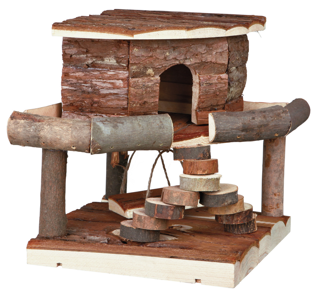 TRIXIE Naturhaus für Hamster-Mäuse, unbehandeltes Holz, natürliche Optik, mit Tür, Plattform, Holzscheiben-Treppe, ideal zum Spielen.