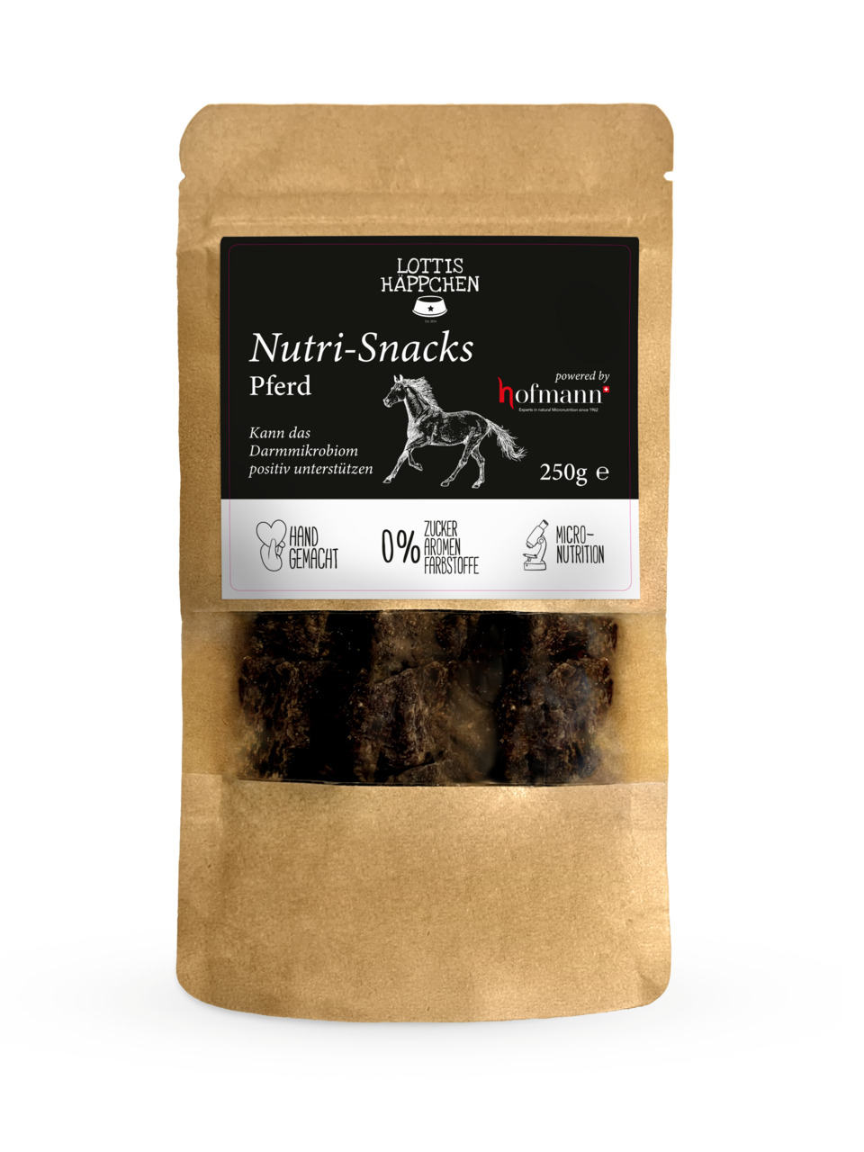 Lottis Häppchen Nutri-Snacks Pferd für Hunde, 250 g, handgemacht, ohne Zucker/Aromen/Farbstoffe, unterstützt Darmmikrobiom.