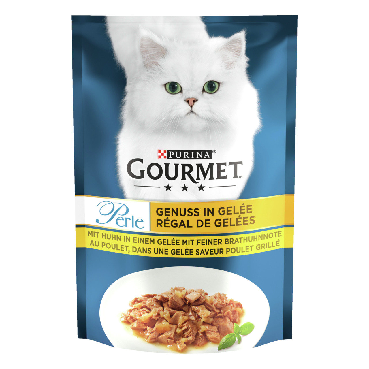 Purina Gourmet Perle Genuss in Gelee Katzenfutter, Huhn in Gelee mit feiner Brathuhnnote, 85 g, für Katzen.