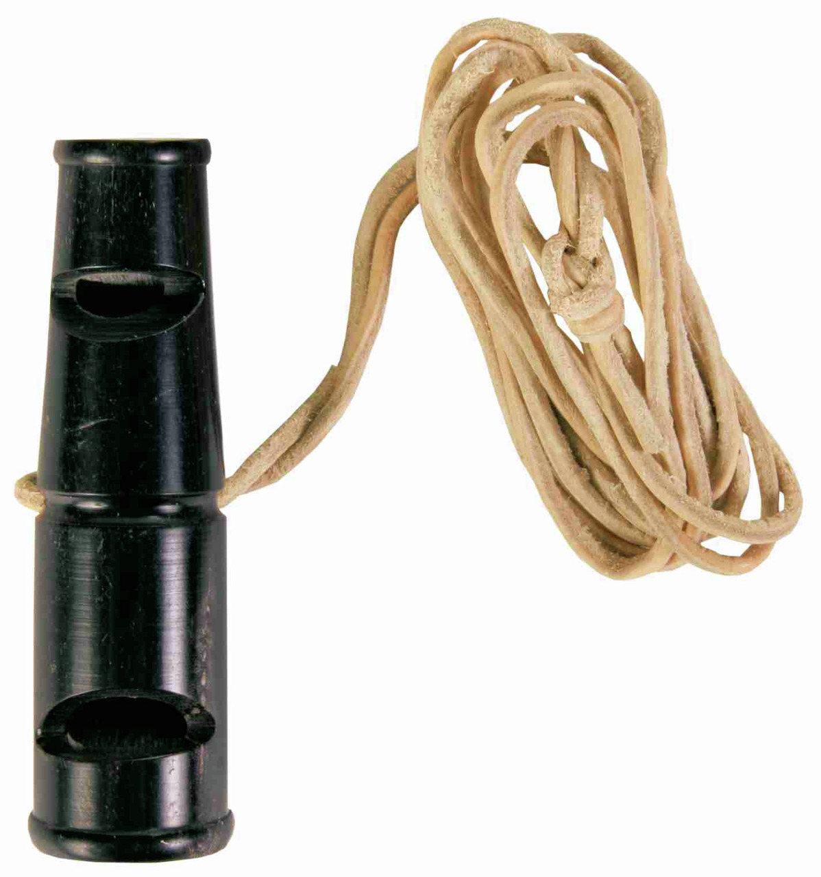 Schwarze Hundepfeife der Marke TRIXIE mit beige-farbenem Lederband. Geeignet für Hundebesitzer zur effektiven Kommunikation und Training. Das Produkt ist robust und langlebig, ideal für den täglichen Gebrauch. EAN: 4011905022543.