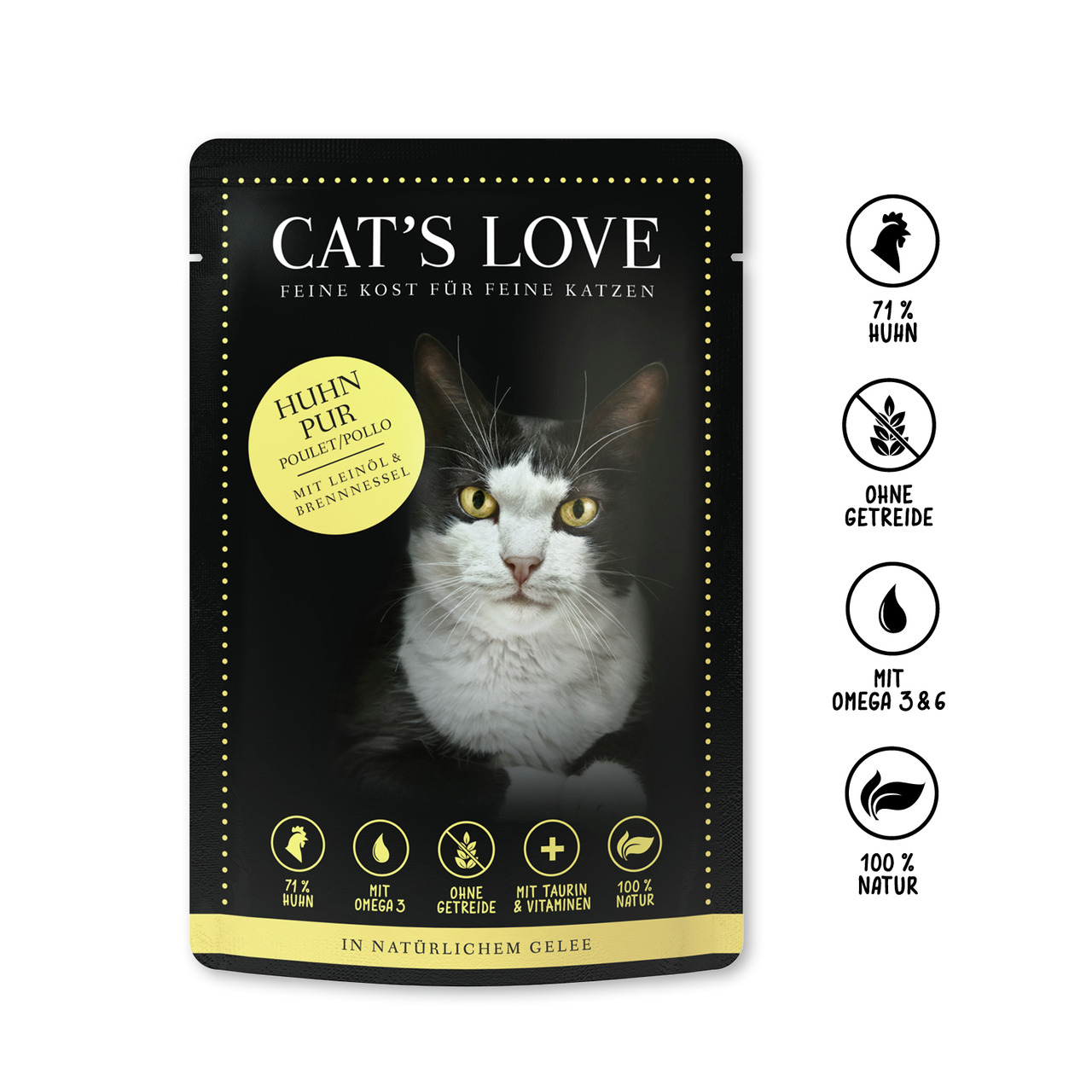 Sparpaket 24 x 85 g Cat's Love Huhn pur mit Leinöl & Brennnessel Katzen Nassfutter