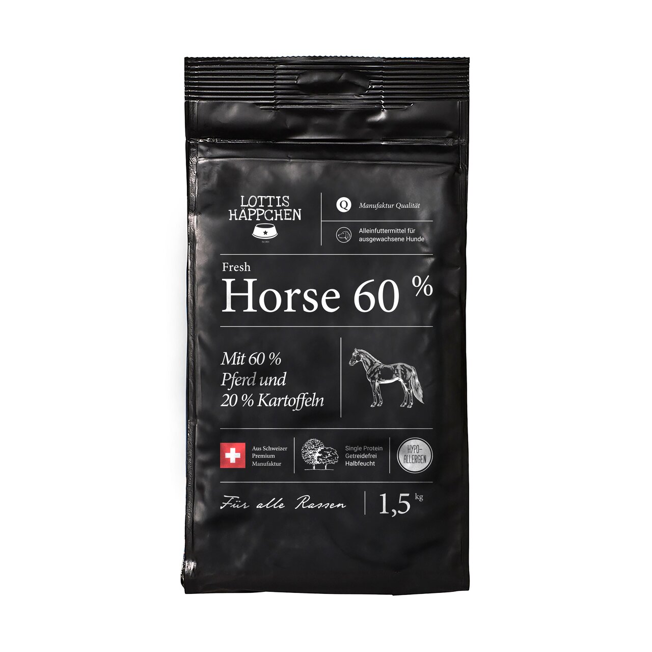 LOTTIS HÄPPCHEN Fresh Horse 60% Hundefutter für ausgewachsene Hunde, Pferd mit Kartoffeln, hypoallergen, 1,5 kg.